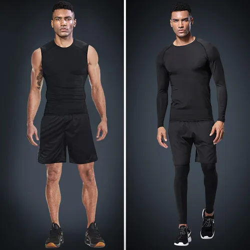 Vista 2 de JULY'S SONG Men Compression Workout Set 5 PCS Dry Quick Shirt Pants Shorts Tights Jacket Clothes for Gym
