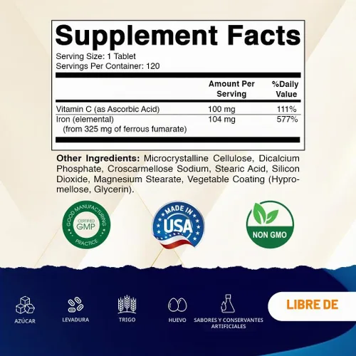 Vista 2 de Vitamatic Fumarato ferroso 325 mg + vitamina C 100 mg (104 mg de hierro elemental) – Suplemento de hierro de alta potencia – Suave para el estómago