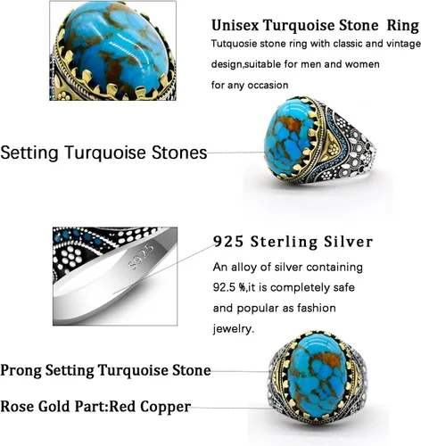 Vista 5 de Retro Natural Turquoise Ring for Men, 925 Sterling Silver Oval Sky Blue Stone Statement Ring,Turkish Vintage Engraving Design Handmade