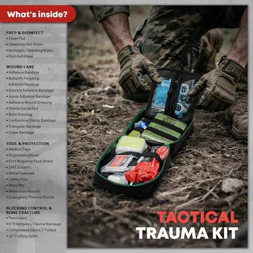 Vista 10 de Kit de primeros auxilios de supervivencia - Kit de trauma IFAK con vendaje de trauma, férula, torniquete, cuidado de heridas, control de sangrado