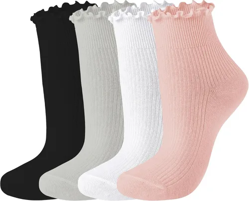 Vista 2 de UTTPLL Calcetines de cuello redondo con volantes para mujer, calcetines atléticos estéticos de lechuga para mujer, finos y encantadores calcetines