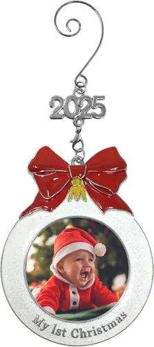 Vista 2 de Adorno fotográfico de la primera Navidad del bebé con un dije de 2025 - Con forma de bombilla con purpurina blanca y lazo rojo - Bolsa incluida