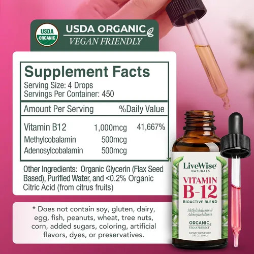 Vista 2 de Vitamina B12 Sublingual líquida – Gotas veganas de vitamina B12 líquida totalmente natural – Suplemento de adenosilcobalamina sin OMG