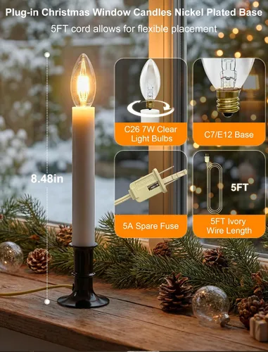 Vista 2 de Lámpara de vela eléctrica para ventana, luces de velas de ventana de Navidad con base chapada en níquel y bombilla C26, lámparas de velas