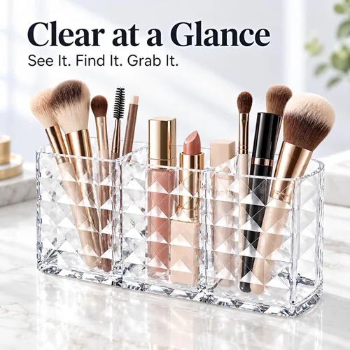 Vista 7 de MOSIKER Soporte para brochas de maquillaje para tocador, acrílico transparente, pequeño, compacto, delineador de labios, delineador de labios