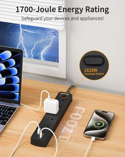 Vista 5 de DEPOW Regleta de Enchufes Negra con Protector contra Sobretensiones, Cable de Extensión Ultra Delgado de 5 Pies con Enchufe Plano, 1700 Julios, 5