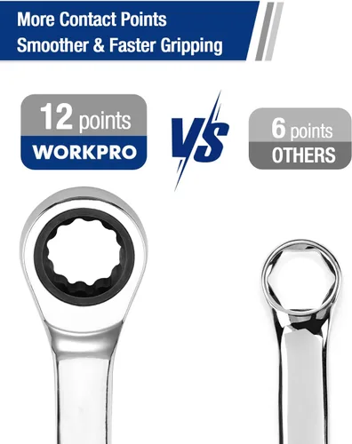 Vista 5 de WORKPRO Llave combinada de trinquete de 1/2 pulgada SAE, CR-V construida con cromado pulido espejo, diseño de 12 puntos, desplazamiento de 15 grados