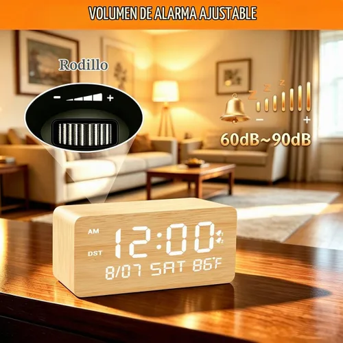 Vista 6 de Reloj despertador digital de madera de bambú premium con cargador de teléfono inalámbrico, puertos de carga USB duales, pantalla LED regulable