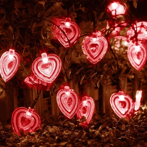 Vista 6 de Luces solares de corazón para exteriores, impermeables, de 16.4 pies, 20 luces LED, corazón de amor, día de San Valentín, 8 modos de iluminación