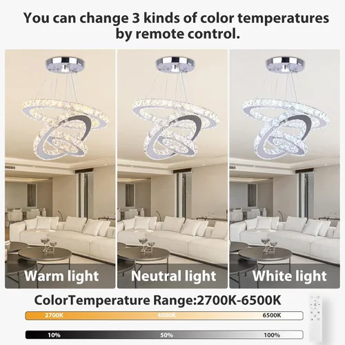 Vista 5 de Candelabro LED de cristal con iluminación regulable LED moderna lámpara de techo de 3 anillos ajustable de acero inoxidable para dormitorios y sala