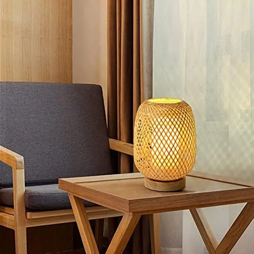 Vista 5 de Lámpara de mesa de escritorio de bambú con base de madera y exquisita pantalla de lámpara, ideal para combinar con cualquier decoración moderna