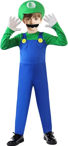 Vista 2 de BOMLY Disfraz de Super Mario para niños, disfraz de fontanero de Halloween con accesorio