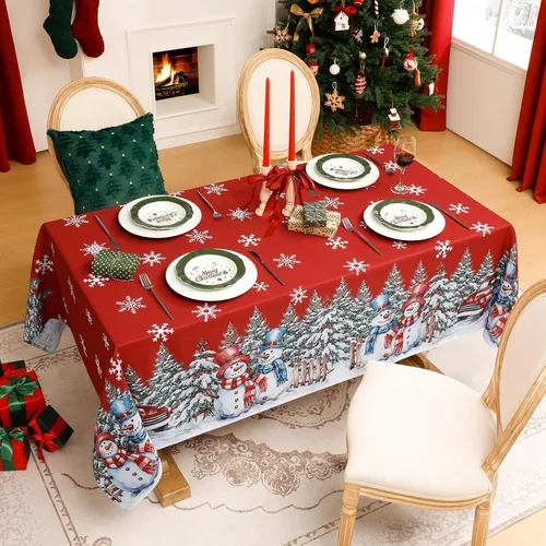 Vista 2 de Softalker Mantel Navideño Rectangular 60x102 Pulgadas, Mantel Rojo de Mesa de Invierno Navidad Muñeco de Nieve Camión, Cubierta de Mesa