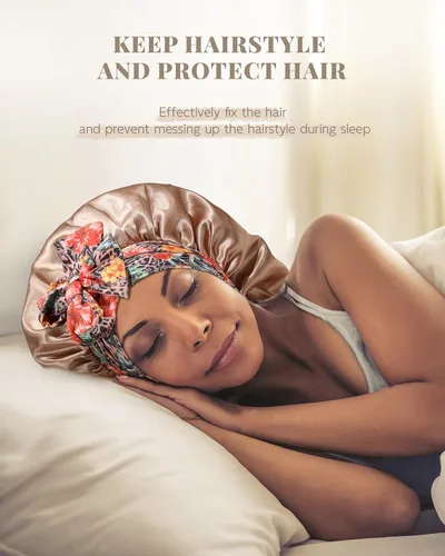 Vista 2 de Gorro largo de satén para trenzas, capó de seda para dormir, banda elástica para mujeres negras, cabello rizado