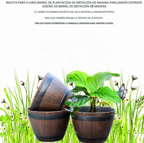 Vista 6 de Barril de madera de imitación, maceta de resina PP barril de plantación de madera imitada, diseño hueco, gran capacidad, contenedor de cubo