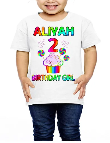 Vista 2 de Conjunto de cumpleaños personalizado para cupcakes, camiseta de cumpleaños de arco iris, camisa de 2 piezas con clip para el pelo que elijas, traje
