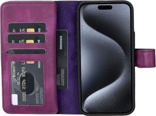 Vista 37 de HARDISTON Funda de piel auténtica de alta calidad hecha a mano para iPhone 7/8 / SE doble folio tarjetero - Funda magnética desmontable - Soporte