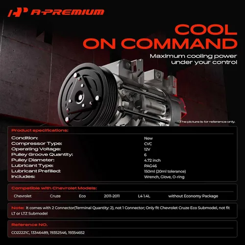 Vista 2 de Compresor de aire acondicionado A-Premium con embrague Compatible con Chevrolet Cruze 1.4L 2011, modelo ecológico, con 2 conectores