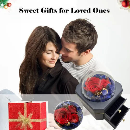 Vista 6 de QREIHLPY Joyero de flores preservadas, caja organizadora de joyas con doble cajón con patas de goma antideslizantes suaves, regalos para mujeres