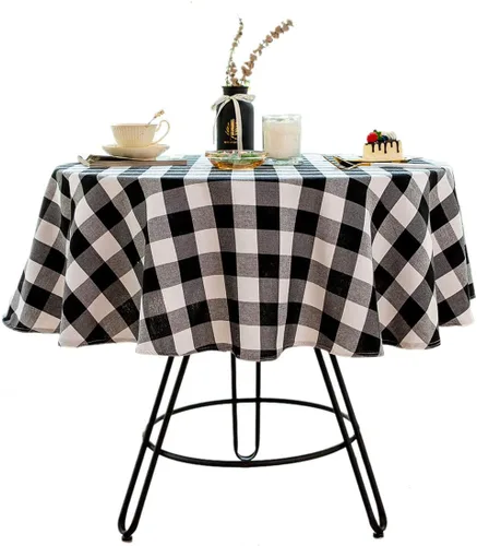 Vista 8 de Mantel Redondo de Cuadros Buffalo de Algodón y Lino, Cubierta de Mesa para Decoración de Fiestas de Navidad, Bodas y Granja