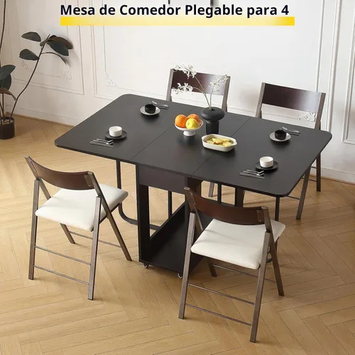 Vista 2 de Mesa de Comedor Plegable con Dos Cajones para 4/6 con Mesa de Hoja Abatible que Ahorra Espacio, Ruedas Bloqueables y Almacenamiento, Superficie
