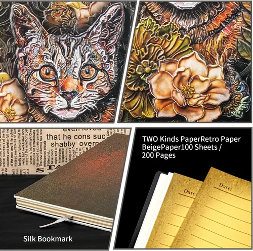 Vista 3 de Cuaderno vintage de piel con relieve 3D de gato, diario de viaje A5 con bolígrafo y recambio de bolígrafo, funda para bolígrafo, bloc de notas