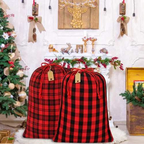 Vista 6 de HRX Package 2 bolsas de algodón de Papá Noel, bolsas de Navidad de tela a cuadros de 28 x 20 pulgadas, bolsas de Navidad reutilizables con etiqueta