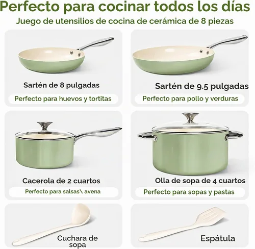 Vista 2 de MICHELANGELO Juego de ollas y sartenes antiadherentes de cerámica de 8 Verde