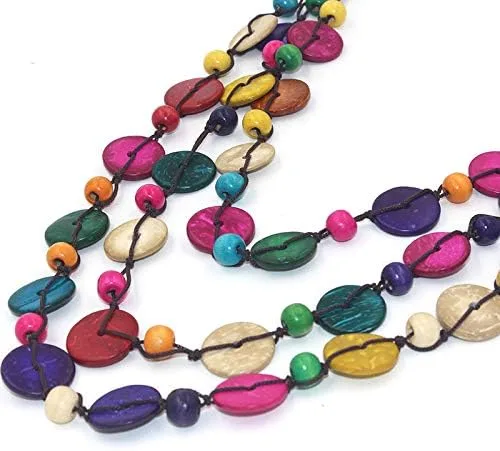Vista 4 de COLORFUL BLING Ethnic African Wood Bead Statement Pendant Collar Layered Long Strand Chunky Coconut Shell Geometric Choker Bib Necklace Bohemian