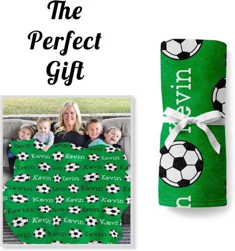Vista 7 de Manta de fútbol personalizada con nombre, mantas personalizadas suaves para deportes de fútbol, mantas de cama verde, regalo personalizado
