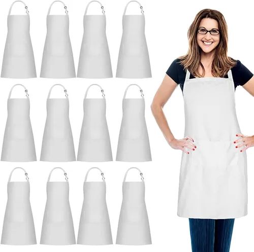 Vista 12 de Jubatus Paquete de 2 delantales 100% algodón con 2 bolsillos para cocinar, cocinero, delantal ajustable para mujeres y hombres, color beige