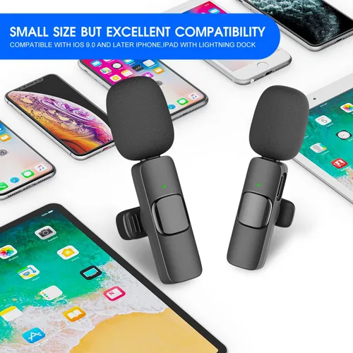 Vista 6 de Paquete de 2 micrófonos inalámbricos Lavalier para iPhone iPad, micrófonos de solapa Plug-Play 2.4G con retardo ultra bajo, chip de reducción