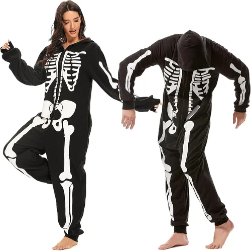 Vista 2 de Disfraz de esqueleto de Halloween para adultos, unisex, pijama de felpa de esqueleto, mameluco acogedor de una pieza, disfraz de cosplay para mujer
