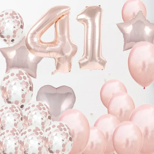 Vista 4 de Decoraciones de cumpleaños número 41, suministros para fiestas, globos de oro rosa con el número 41, globos de aluminio Mylar 41 para decoración