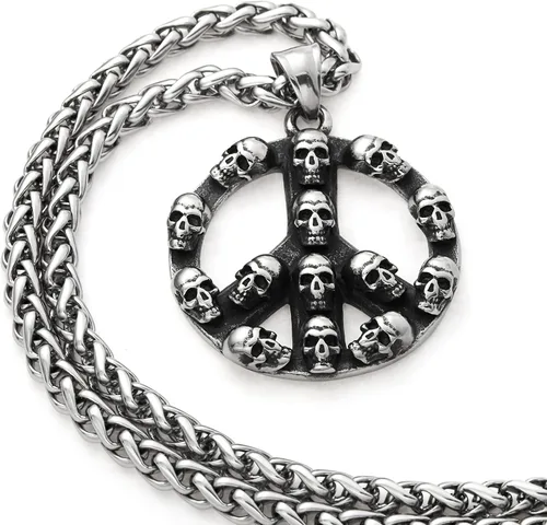 Vista 3 de Gungneer Collar de cadena con dije de símbolo de paz hippie de calavera, collar de cadena de motociclista de rock, joyería steampunk para hombres