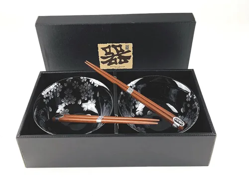 Vista 3 de JapanBargain 4689 - Juego de 2 cuencos y palillos de porcelana japonesa, cuencos de arroz y tazones de sopa, caja de regalo, fabricado en Japón