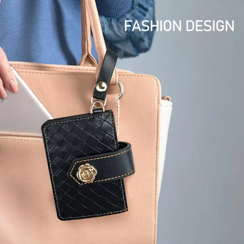 Vista 4 de Cartera con llavero de pulsera, cartera de cuero con correa de pulsera, bolsillo delgado RFID para tarjetas de crédito con cordón, Negro -, Plegable