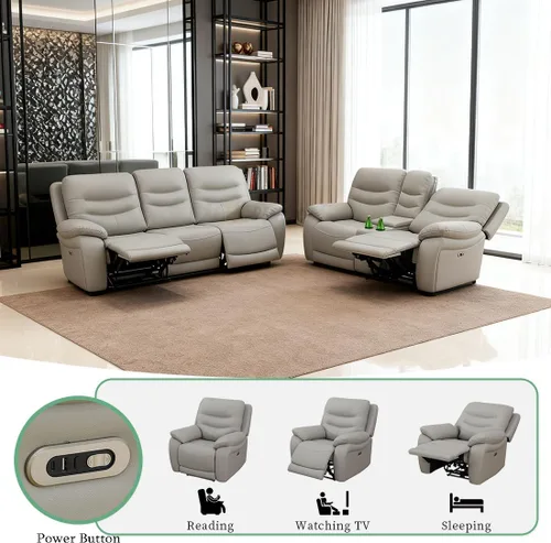 Vista 96 de Juego de sofá reclinable eléctrico, seccional de cuero transpirable beige, juego de muebles de sala de estar, 2 piezas, sofá reclinable eléctrico