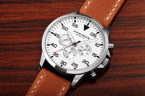 Vista 6 de Akribos XXIV Reloj suizo multifunción para hombre, 3 subesferas día, zona horaria doble, fecha y hora complicación en correa de cuero genuino AK773