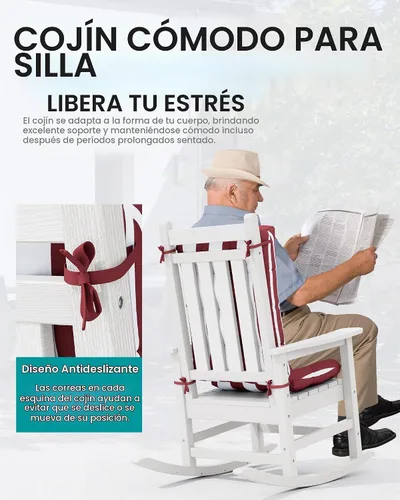 Vista 4 de SERWALL HDPE - Juego de 2 cojines para silla mecedora para exteriores, cojín de espuma viscoelástica, color rojo y blanco
