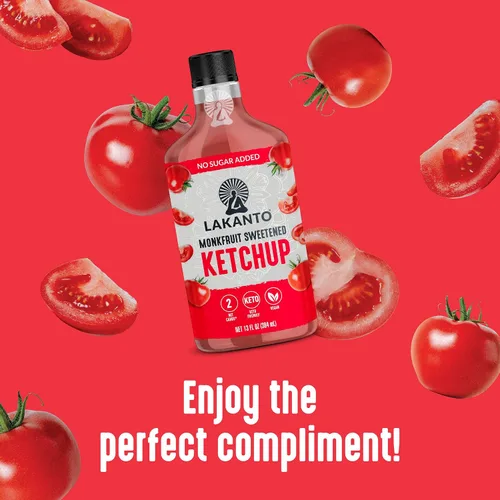 Vista 3 de Lakanto Ketchup sin azúcar, endulzado con edulcorante de fruta de monje, perfecto para hamburguesas, papas fritas, keto, paleo y vegano, sin gluten