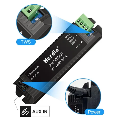 Vista 4 de Herdio Amplificador de audio para el hogar Bluetooth 2.0 Sistema receptor de canales para altavoces pasivos con AUX TWS adecuado para techo, marino