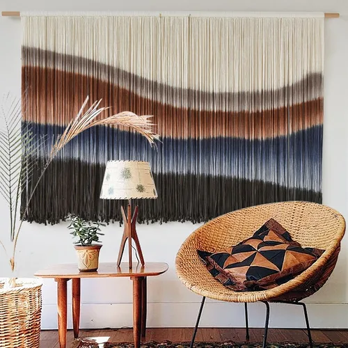 Vista 8 de macramé para colgar en la pared, teñido de inmersión, puesta de sol, decoración de pared, arte de fibra de 57 pulgadas de ancho x 35