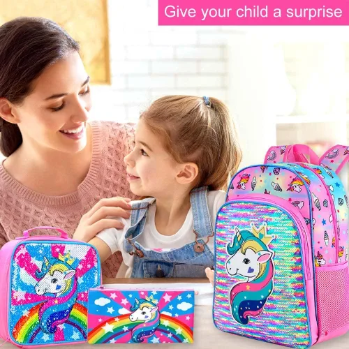 Vista 3 de 3 mochilas infantiles para niñas, 16 pulgadas, preescolar y lonchera - Unicorniosirenaflamenco