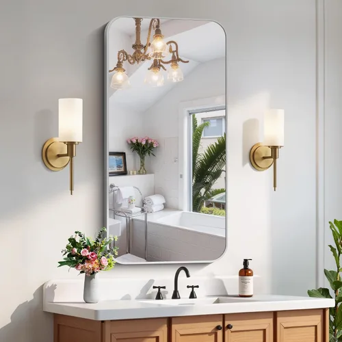 Vista 12 de FORBATH - Espejo de baño negro para sobre lavabo, espejo de pared de 16x24 pulgadas con marco de metal, esquinas redondeadas para baño, dormitorio