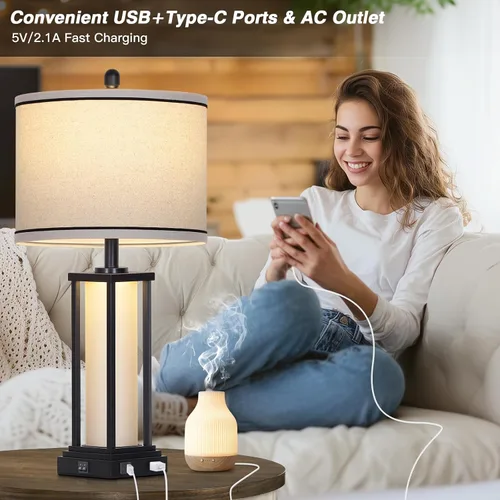 Vista 3 de 27in Tall Farmhouse Table Lamp with USB C+A & Outlet,Black Industrial End Table Lamp for Living Room,Vintage Rustic Bedside Lamp with Night Light