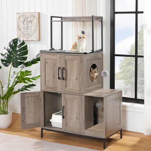 Vista 2 de HOOBRO Mueble para Caja de Arena para Gatos, Mueble Oculto para Caja de Arena 2 en 1 con Estante, Gabinete Doble para Caja de Arena con 2 Pelotas