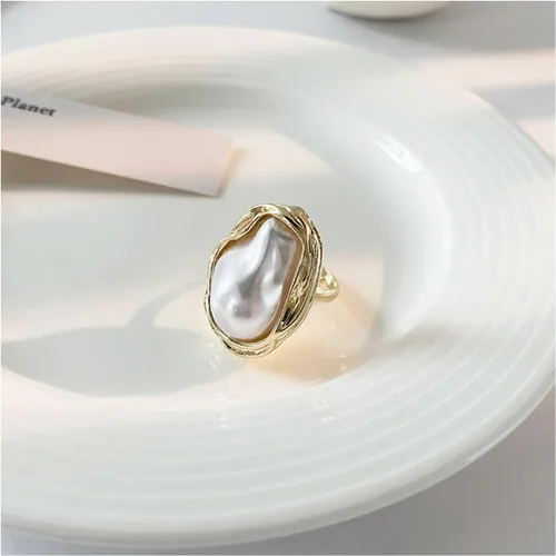 Vista 2 de NORLSO Anillo de perlas barrocas delicado, anillo geométrico de perlas irregulares, anillo abierto ajustable, regalo de boda y cumpleaños