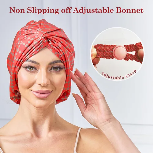 Vista 50 de Gorro de satén de seda ajustable para envolver el cabello para dormir, gorro de dormir de doble capa, turbante nocturno para cabello largo y rizado