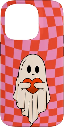 Vista 17 de Funda para iPhone 17 de San Valentín Retro Ghost Hugging Heart Checkerboard Rosa Rojo